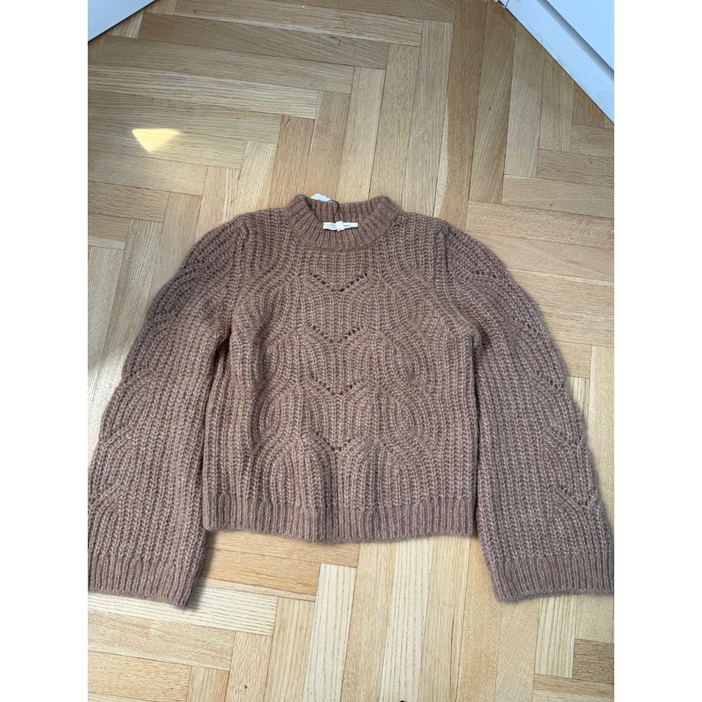 Sezane La Maille Alpaca Blend Heart Pointelle Knit Sweater Brown Womens S